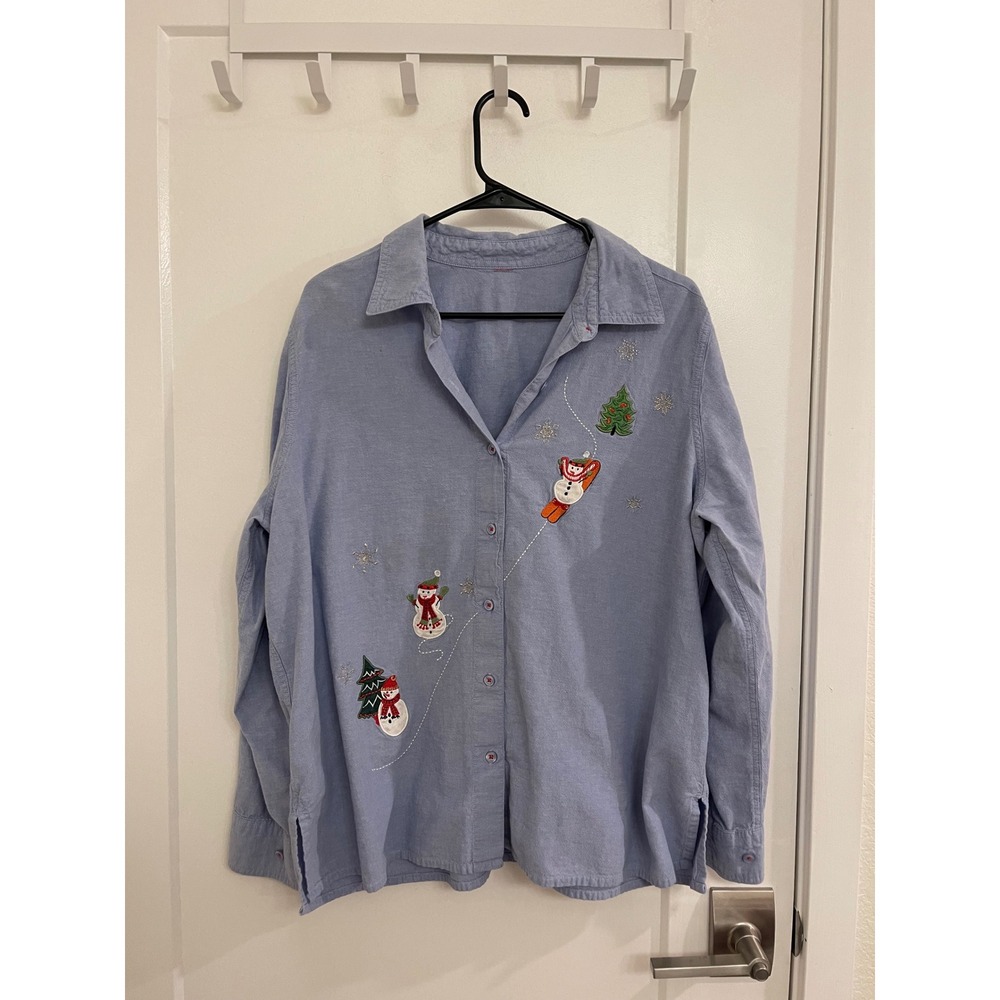 Vintage 90s Snowmen Button Up Christmas Holiday Blouse Kidcore GrandmaCore